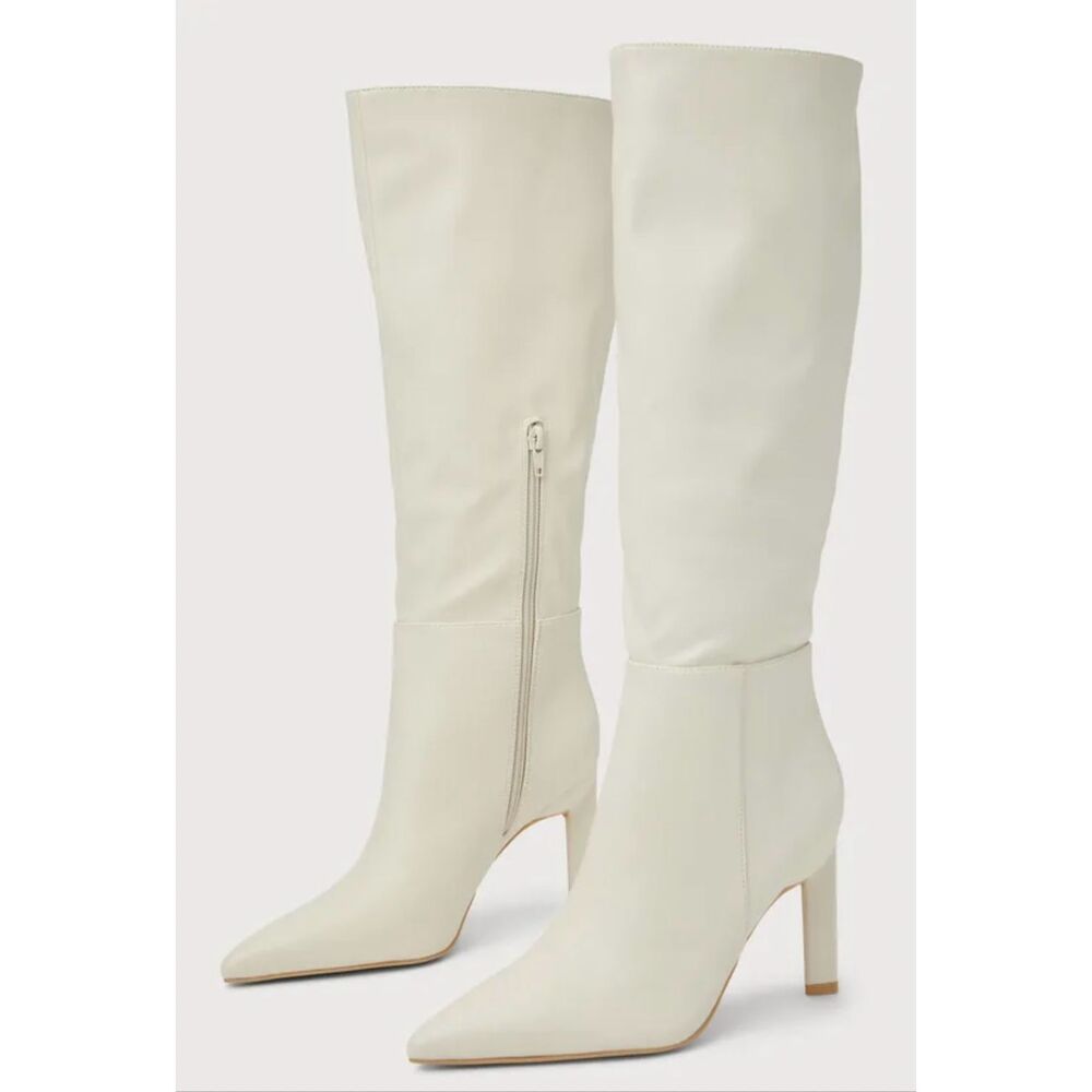 Lulus Olivet Cream Pointed-Toe Knee-High Boots 11